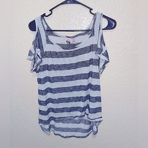 Gray Striped Over The Shoulder Top Size L ! BARELY WORN and GREAT QUALITY!